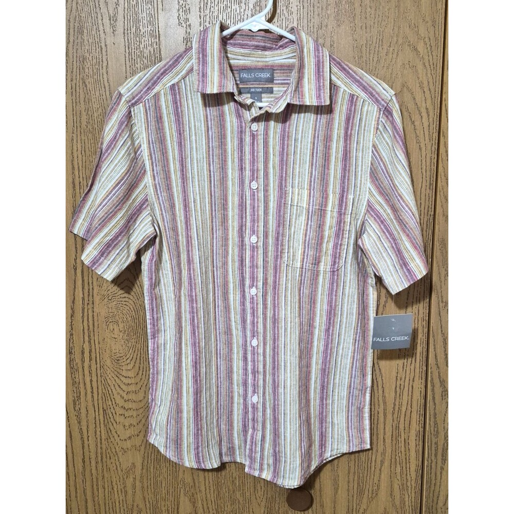 Falls Creek Men's No Tuck Yellow Pink White Striped Button Up Shirt Size S NWT